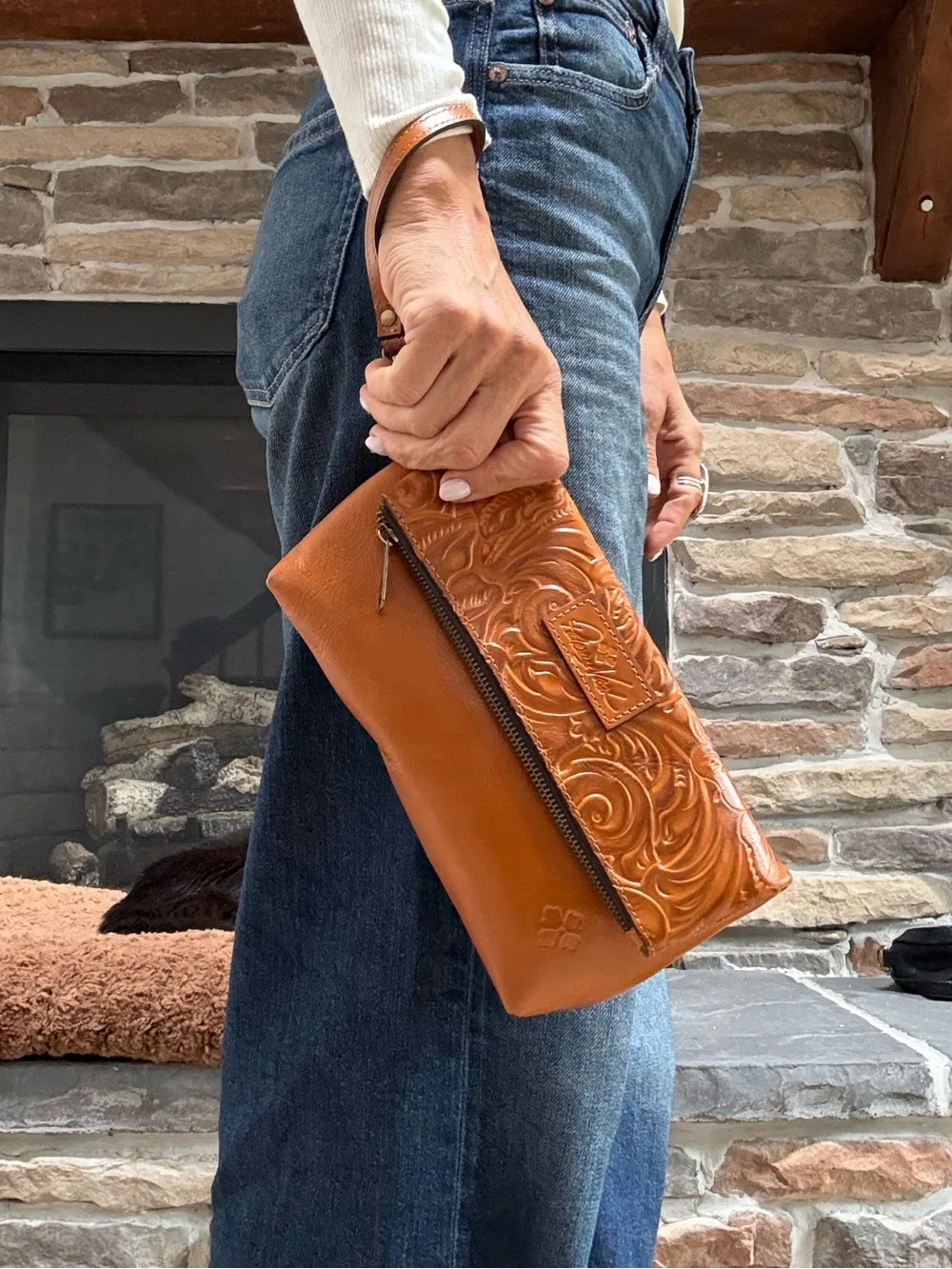 Patricia Nash Valerie Gold Tooled Floral Leather Wristlet clutch